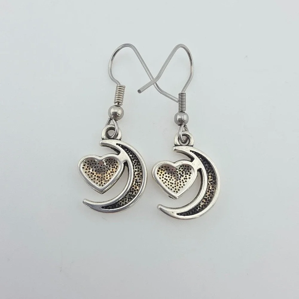Vintage Crescent Moon Heart Earrings Engraved Puffy Heart Silver Plate